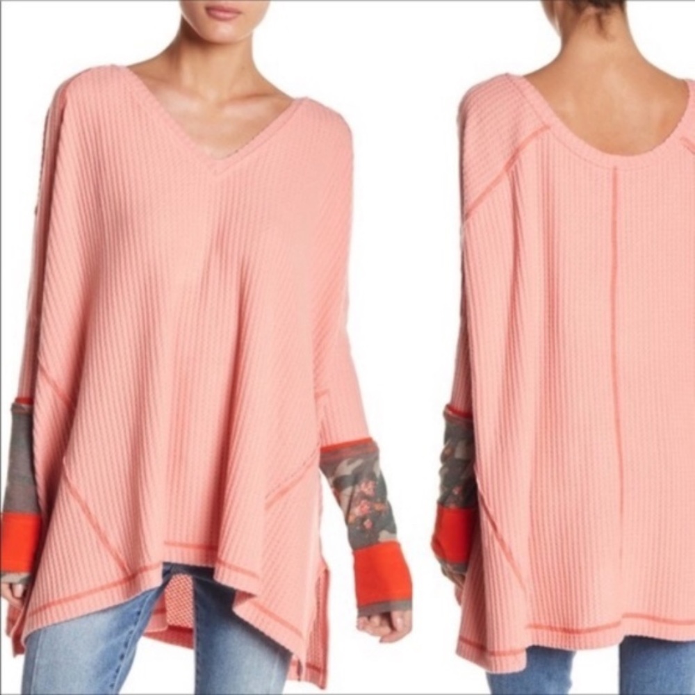Free People Camo Cuff Thermal Waffle V Neck Top Blouse L